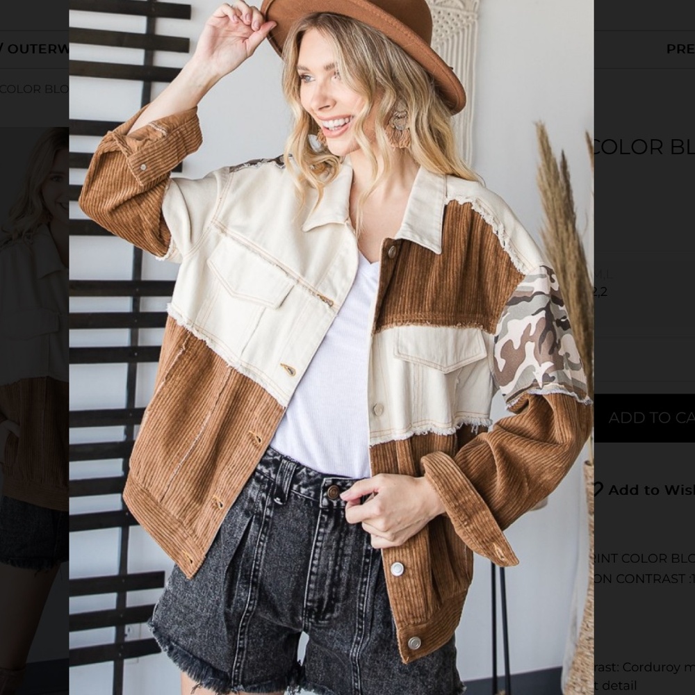 POL Colorblock Corduroy Trucker Jacket in Cream and Brown with Camo Accents